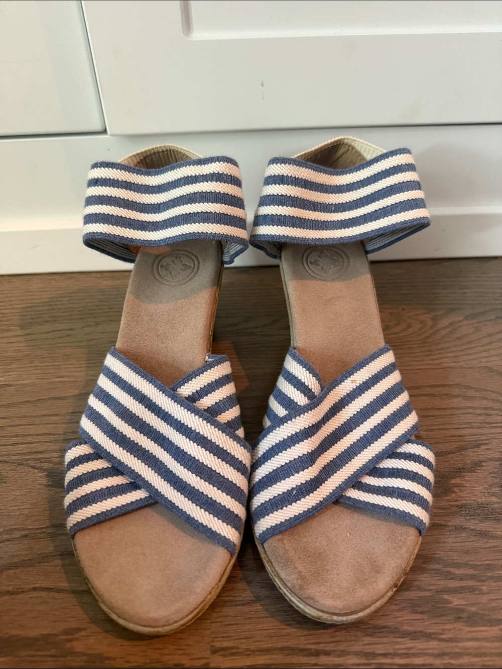 CHARLESTON SHOE CO. Blue and White Striped Wedge Sandals